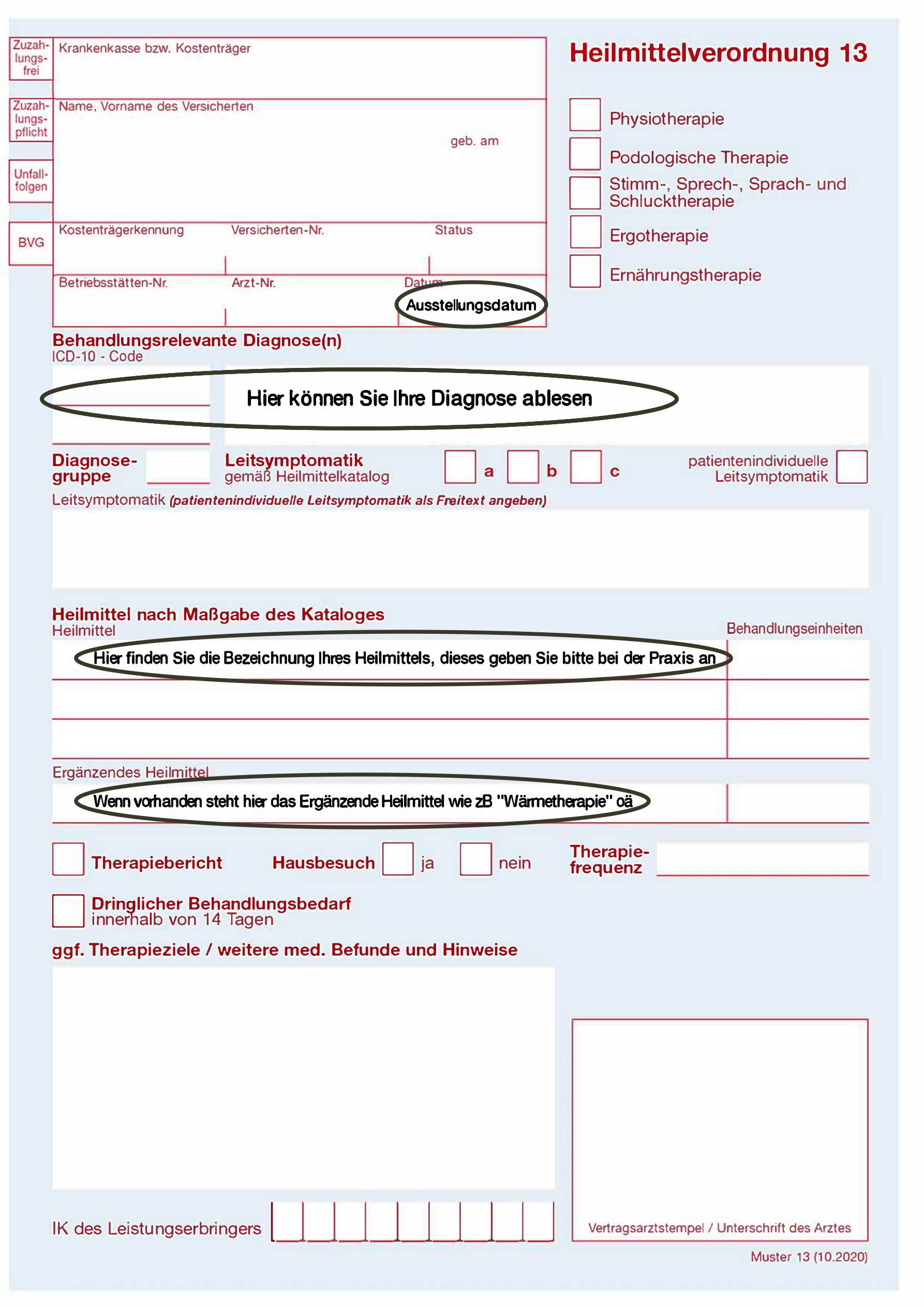 Muster Heilmittelverordnung 13 (GKV) mit markierten Bereichen: Diagnose, Heilmittel und Ergänzendes Heilmittel